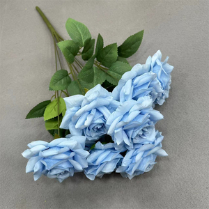 Commercio all'ingrosso di seta artificiale Bouquet di Rose 9 teste rosso rosa rosa blu cespuglio di fiori con foglie per la casa di nozze decorazione di compleanno - Product Image 6