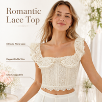 Haut court d'été pour femme, style bohème, en dentelle guipure tissée, col carré, double volant, sans manches, ajouré, pour fête et vacances