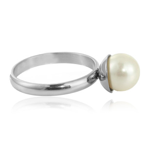 Anillo de acero de titanio para mujer, con forma de bola de perla blanca, engaste de bisel, joyería de regalo 27091 - Product Image 3