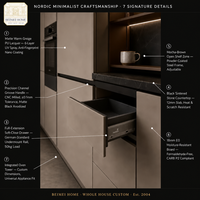 Meubles de cuisine sur mesure pour toute la maison, style nordique Japandi, gris mat, sans poignées, avec rainures, plan de travail en pierre noire, fabrication directe d'usine OEM