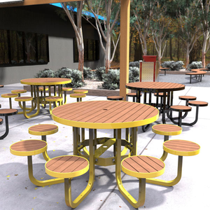 Muebles de exterior modernos, mesa de pícnic redonda, asiento adjunto, marco de Metal duradero, juego de mesa superior de madera con agujero para comercio público - Product Image 1