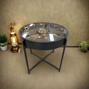 European Retro Coffee Table <b>Clock</b> With Gear Design Tempered Glass Top Silent <b>Mechanism</b> Living Room Decor - Product Image 1