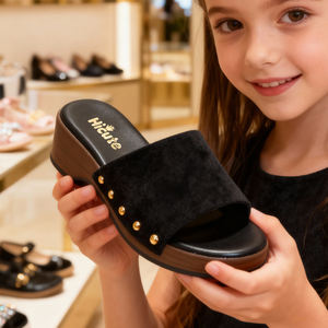 Sandali con Zeppa in Tessuto Nero per Ragazze con Borchie Dorate, Ciabatte Estive con Cinturino Posteriore, Pantofole con Piattaforma alla Moda per Uso Quotidiano Casual - Product Image 6