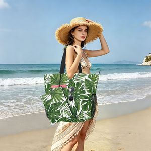 Wholesale Custom Printed Tropical Leaf Beach <b>Tote</b> <b>Bag</b> for Women Large Shoulder <b>Bag</b> <b>with</b> Matching Pouch for Summer Vacation - Product Image 1