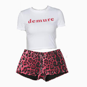 Estate Casual 2 pezzi Set corto vestito lettera stampata O collo t-shirt paillettes Zebra pantaloncini leopardati alla moda Set due pezzi - Product Image 4