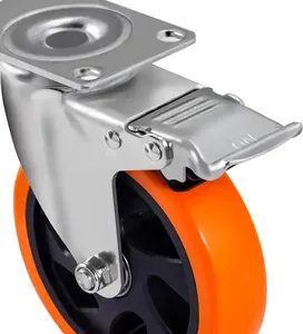 Ruote girevoli in poliuretano arancione da 4 pollici ruote girevoli con piastra superiore ruote industriali con freno