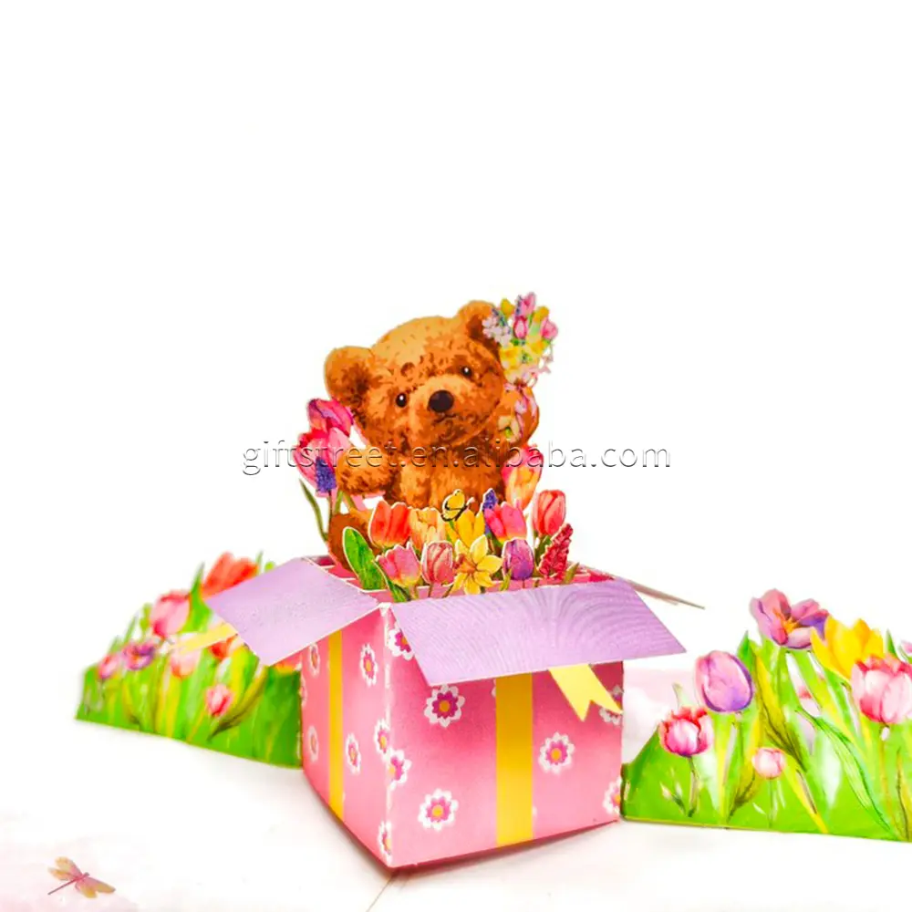 Best Selling Greeting 3D Card Handmade Home Decoration Gift Colorful Pop Up Card With Flowers And A Bear Birthday Greeting