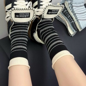 Women Striped Slouch <b>Socks</b> Mid Calf Breathable Sweat Absorbing Polyester Fiber Korean Style - Product Image 1