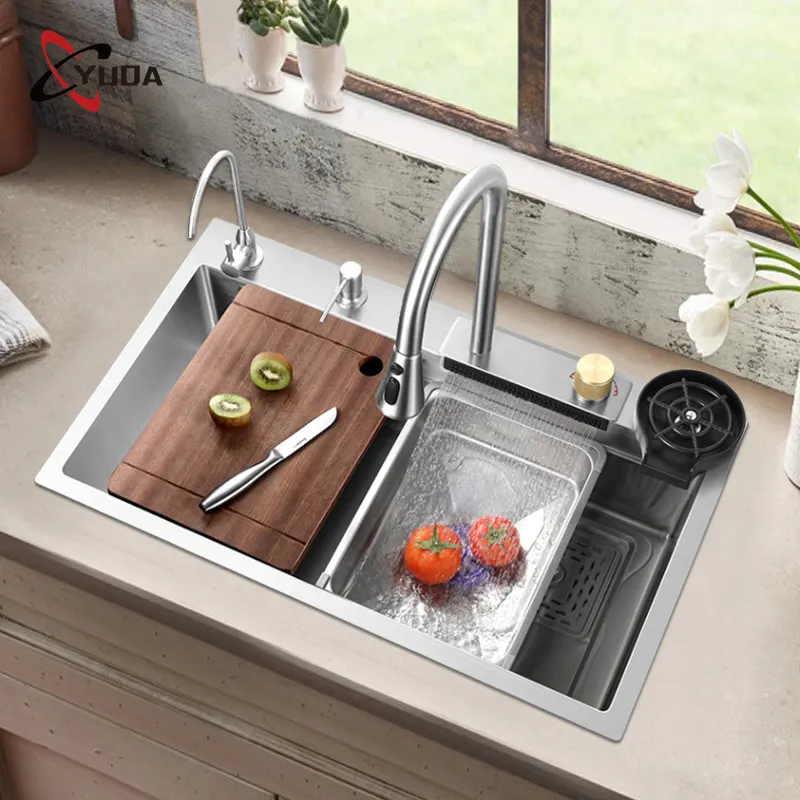 Modern Style Küchen spülen Workstation Multifunktions Smart Edelstahl Waschbecken mit Wasserfall Wasserhahn