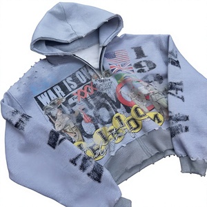 เสื้อฮู้ดดี้สตรีทแวร์ผู้ชายทรงบ็อกซี่ ซิปแบบดิสเทรส พิมพ์ลายดีทีจี ผ้าคอตตอนหนานุ่ม สไตล์วินเทจ ลายกราฟิก - Product Image 2