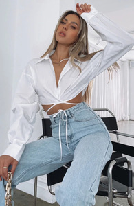 Liu Ming New Trending Casual da donna con lacci e cordoncino svasato a maniche lunghe blusa Crop Top - Product Image 5