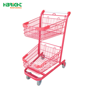 Carro metálico de supermercado de color personalizado de doble capa, carrito de compras de empuje manual - Product Image 1