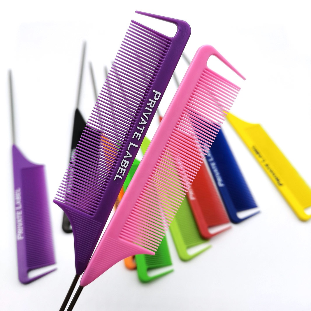 Пользовательский логотип фиолетовый оранжевый плетеные волосы острый прецизионный разделение пластиковые антистатические гребни термостойкие оптовая продажа с крысиным хвостом