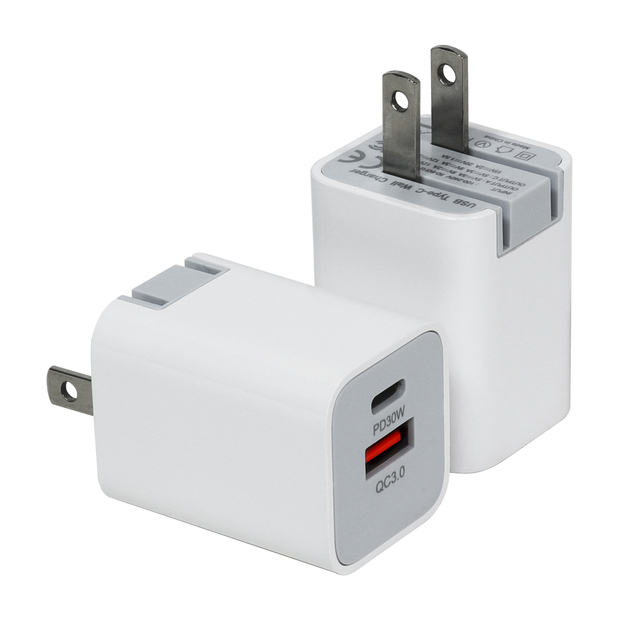 30W Dual Port USB-C/USB-A GaN Electric Wall Charger PD QC 3.0 Fast Charging with OTP Protection for Phone 8-16