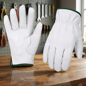 White Goatskin PVC Coated Ambidextrous Work <b>Gloves</b> Slip on Cuff Green Trim Full Cut Resistance for Garden Driving & Construction - Product Image 4