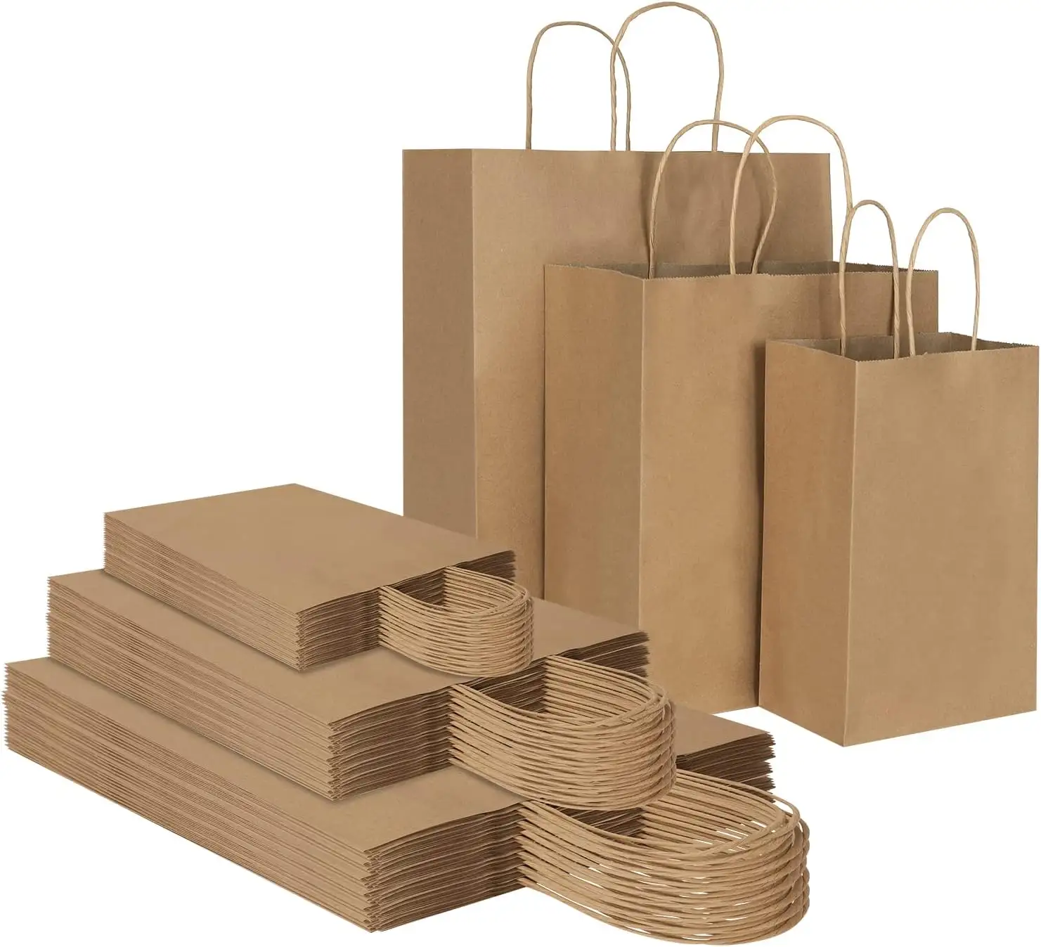 Yeni 90 paket düz kahverengi Kraft kağıt torbalar kolları ile toplu, iyilik için bakkal perakende parti doğum günü alışveriş iş