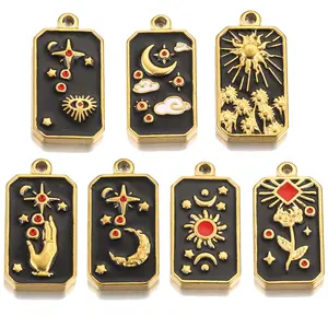 7 gaya liontin Tarot baja tahan karat jimat Tarot lapis emas Enamel jimat bintang bulan matahari jimat mewah untuk pembuatan perhiasan DIY