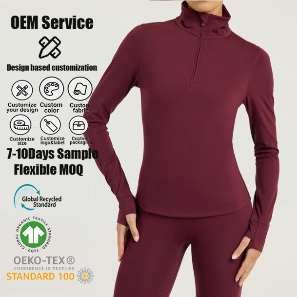 Custom Private Label Fitness Sports Clothing Half Zip Long Sleeve Workout Top Mock Neck Quick Dry Yoga Shirt with Thumbholes