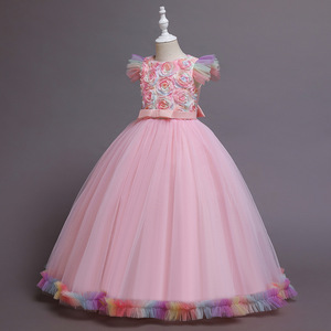 Vestido de Princesa para Niñas, Vestido de Tul Rosa con Cuello Redondo y Flores, Personalizado para Desfile de Moda - Product Image 3
