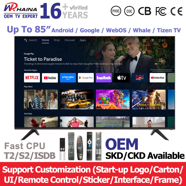 HAINA OEM Factory Television 55 65 Inch 4K QLED Android Tv UHD 75 85 Inch Smart Tvs with Soundbar Speaker