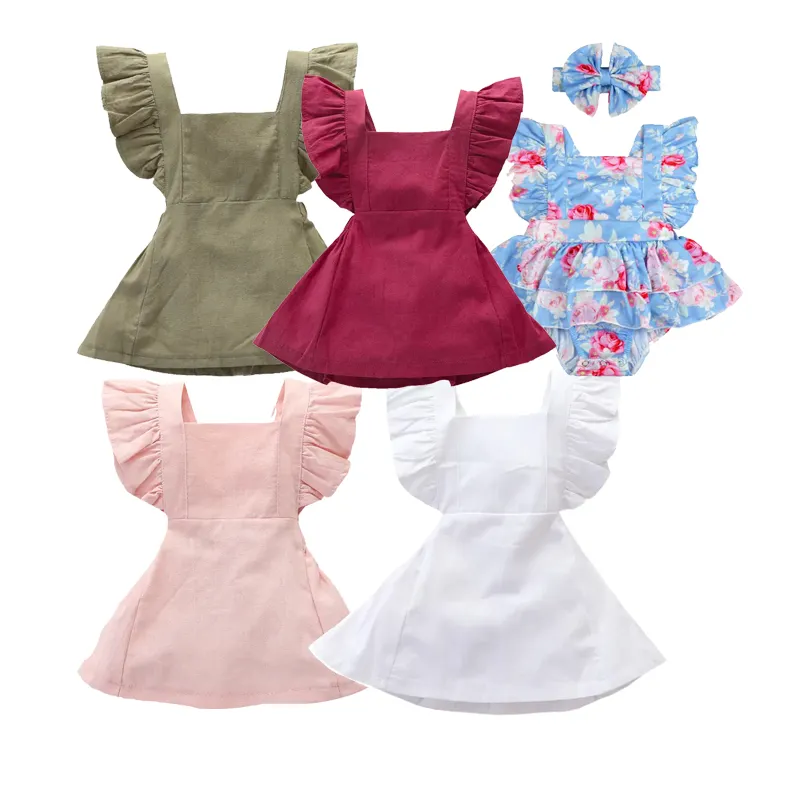 Western Cute Princess Casual Dress abiti da ragazza Fly Sleeve Cotton arruffato con gonna in tinta unita abbigliamento per bambini vestiti per bambini