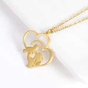Lateefah OEM mama dia de las madres Stainless Steel Jewelry Mother Child Kids Baby Mom Hollow Double Heart Pendant Necklaces