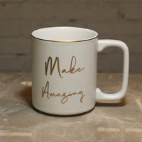 Taza de Té de Porcelana Moderna y Minimalista, Capacidad de 350 ml, Resistente al Calor, Apta para Microondas, con Detalles Metálicos en Dorado, Asa Cuadrada, Logotipo Personalizado