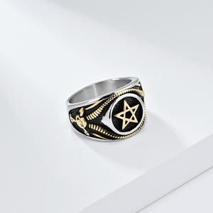 Men's Titanium Steel Pentagram <b>Ring</b> Steel And Gold Two Tone Star Shape Gift Jewelry - Product Image 3