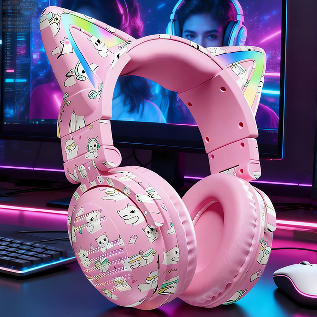 Wireless Gaming Headphones Cat Ear Over-ear Dual-mode Type-C Dynamic Driver RGB Lighting Active Noise Cancellation Touch