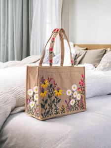 Stylish Fashion Summer Jute Carry Bags Beautiful Handles Embroidery Work Letter Pattern Medium Size for Women Daily Use - Product Image 2