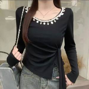 Camiseta de Manga Larga con Cintura Ajustable, Color Negro Sólido, Corte Irregular, Ajustada, para Mujer, Ropa de Invierno - Product Image 1