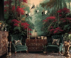 <span class=keywords><strong>Papier</strong></span> <span class=keywords><strong>peint</strong></span> personnalisable avec motif grue et forêt d'érables rouges, paysage de <span class=keywords><strong>jungle</strong></span> mystique vert foncé pour murs d'accentuation, intérieur de maison de luxe - Product Image 2