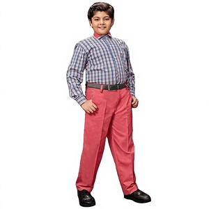 Boys Primary School Uniform Set Cotton Oxford Shirt with <b>Red</b> Pants and <b>Belt</b> Needle Detection - Product Image 1