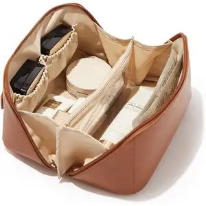 Durable Pu Portable Cosmetic Packaging Makeup Bag Women Large Leather Travel Simple Cute Cosmetic Toiletry Organizer With Zipper