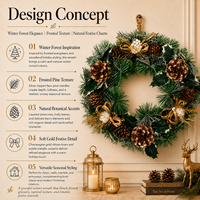 Guirlande de Noël en PVC artificiel givré avec feuilles de houx, poinsettias beiges et pommes de pin pour nœuds dorés, décoration murale ou de porte d'entrée