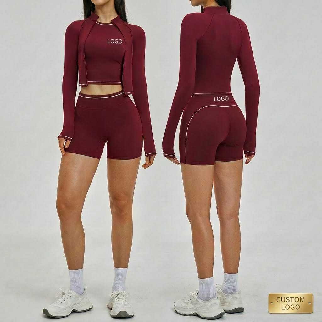 Custom Logo Color Block Women Workout Outfits High Waist Cross Waist Activewear Set Gym Fitness Outfits 3 Piece Yoga Set
