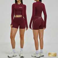 Ensemble de tenues de sport pour femmes avec logo personnalisé, blocs de couleur, taille haute, taille croisée, ensemble de vêtements de sport, tenue de fitness, ensemble de yoga 3 pièces