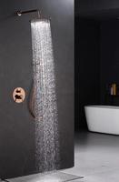 Ensemble de douche mural encastré moderne Or Rose avec système de jets de massage et de pluie, robinetterie et kit de finition combiné avec douchette à main