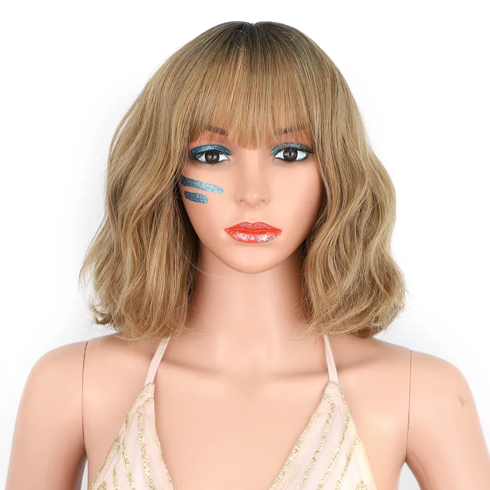 Cosplay Daily Use Wavy Short Bob Neat Bangs Shoulder Length Curly Synthetic Heat Resistant Fiber Ombre Blonde Bob Wig for women
