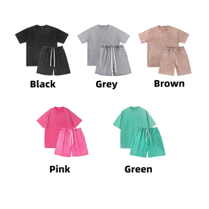 Ensemble de t-shirts et shorts en coton <span class=keywords><strong>pour</strong></span> hommes avec logo personnalisé, style vintage, lavage à l'acide, manches courtes, tenue décontractée, ensemble 2 pièces - Product Image 2