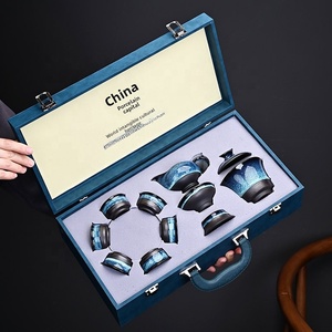 Service à thé <span class=keywords><strong>chinois</strong></span> de luxe BAMBUS 10 pièces - Gaiwan en céramique professionnelle au coloris changeant au four, <span class=keywords><strong>passoire</strong></span> et 6 tasses avec étui de voyage en cuir - Product Image 3