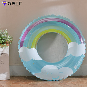 Inflatable Swim Ring With <b>Sequins</b> Cloud <b>Rainbow</b> Design For Children Swimming Pool Float - Product Image 3