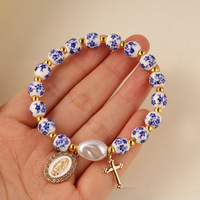 Mode pierre naturelle bleu et blanc porcelaine croix perle empilable Bracelet bijoux breloque cadeau pour les femmes accessoires en gros