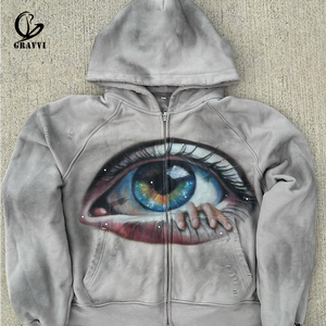 Maßgefertigter Airbrush-Augen-Grafik Reißverschluss-<span class=keywords><strong>Hoodie</strong></span> in Rosa Oversized Vintage-Waschung Streetwear Distressed <span class=keywords><strong>Raglan</strong></span>-Ärmel - Product Image 4