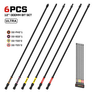 Jeu de 6 embouts de tournevis cruciformes PH2 SQ <span class=keywords><strong>T20</strong></span> T25 extra-longs de 300 mm (12 pouces), résistants aux chocs, avec manche en acier, pointes magnétiques et code couleur - Product Image 1