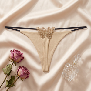 Thin Strap Women <b>Thong</b> Panties Golden Embroidery Butterfly Decor Low Rise Soft Stretch Sexy Ladies G String Underwear Wholesale - Product Image 3