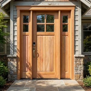 Puerta de Entrada Principal Tradicional con Arco, Fabricada en Madera de Teca y Caoba Maciza, con 4 Paneles de Vidrio y Luces Laterales - Product Image 3