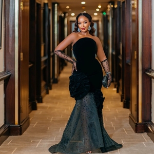 Vestidos de Noche de Terciopelo Aso Ebi con Flores, Vestidos de Sirena con Cuentas sin Tirantes, Vestidos de Cumpleaños para Chicas Negras, Vestidos de Graduación Personalizados - Product Image 1