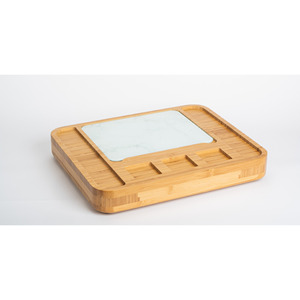 Juego de tabla de quesos de bambú de 16x13x2 pulgadas con cuchillo, tenedor y bandejas para exhibir y cortar queso - Product Image 2