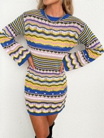Pull en maille ras du cou pour femme, style court, patchwork, manches longues, robe en maille, style bohème